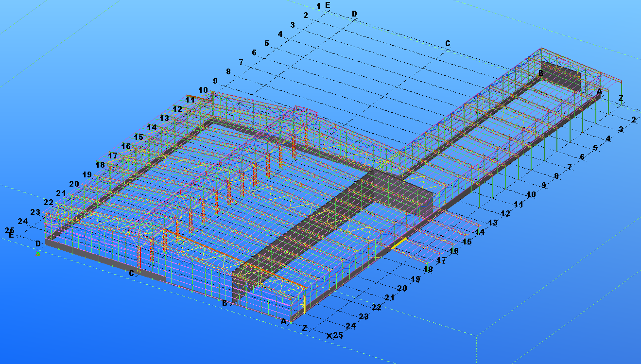 3D structural steel model of a large warehouse with gridlines and member numbering