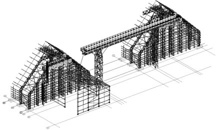 Wireframe general arrangement drawing of steel portal frames and a conveyor gantry