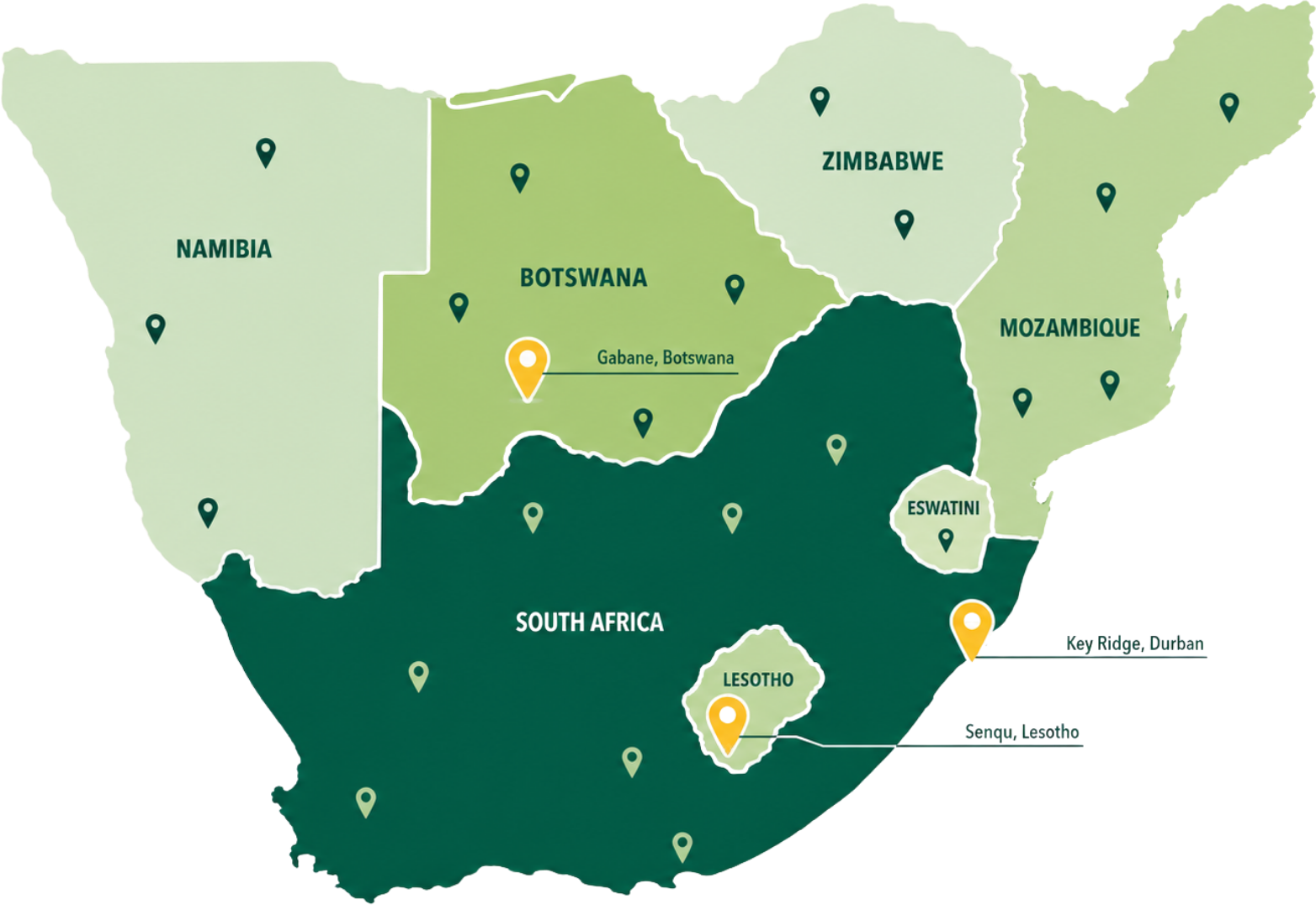 Map of Southern Africa showing Greenhouse Construction project locations in Gabane, Durban and Lesotho